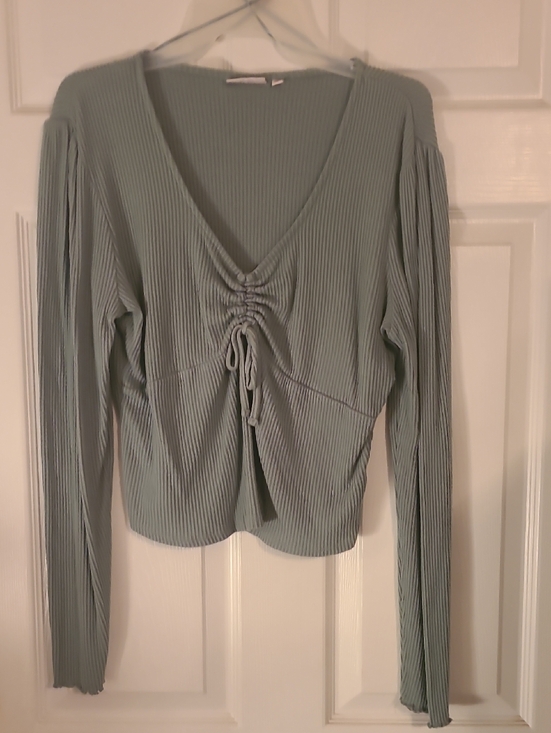SO Tops - SO Ribbed V-Neck Drawstring Long Sleeve Top - Sage Green